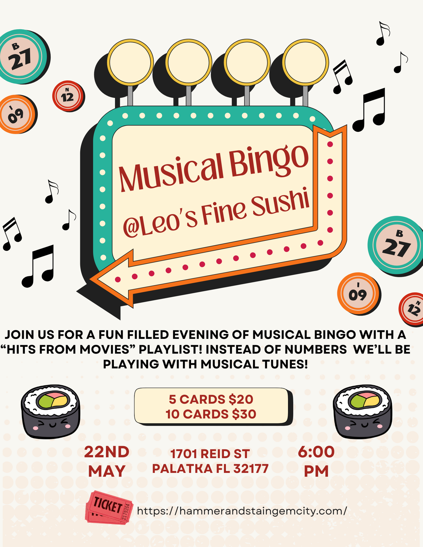 05-22-25 "Hits from Movies" Musical Bingo @ Leo's Fine (10 CARDS)