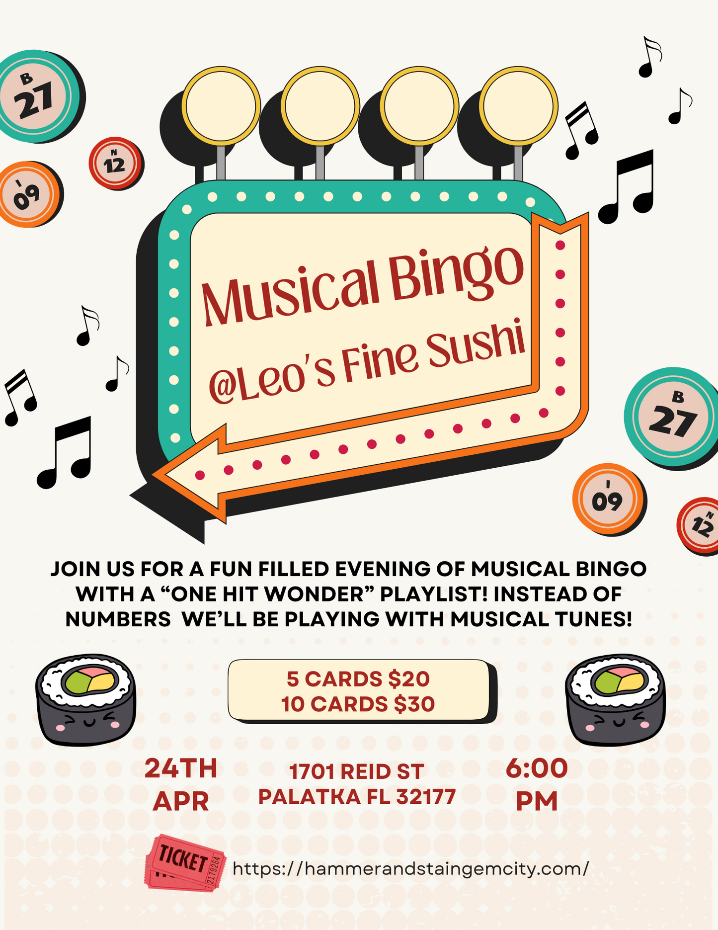 05-22-25 "Hits from movies" Musical Bingo @ Leo's Fine (5 CARDS)